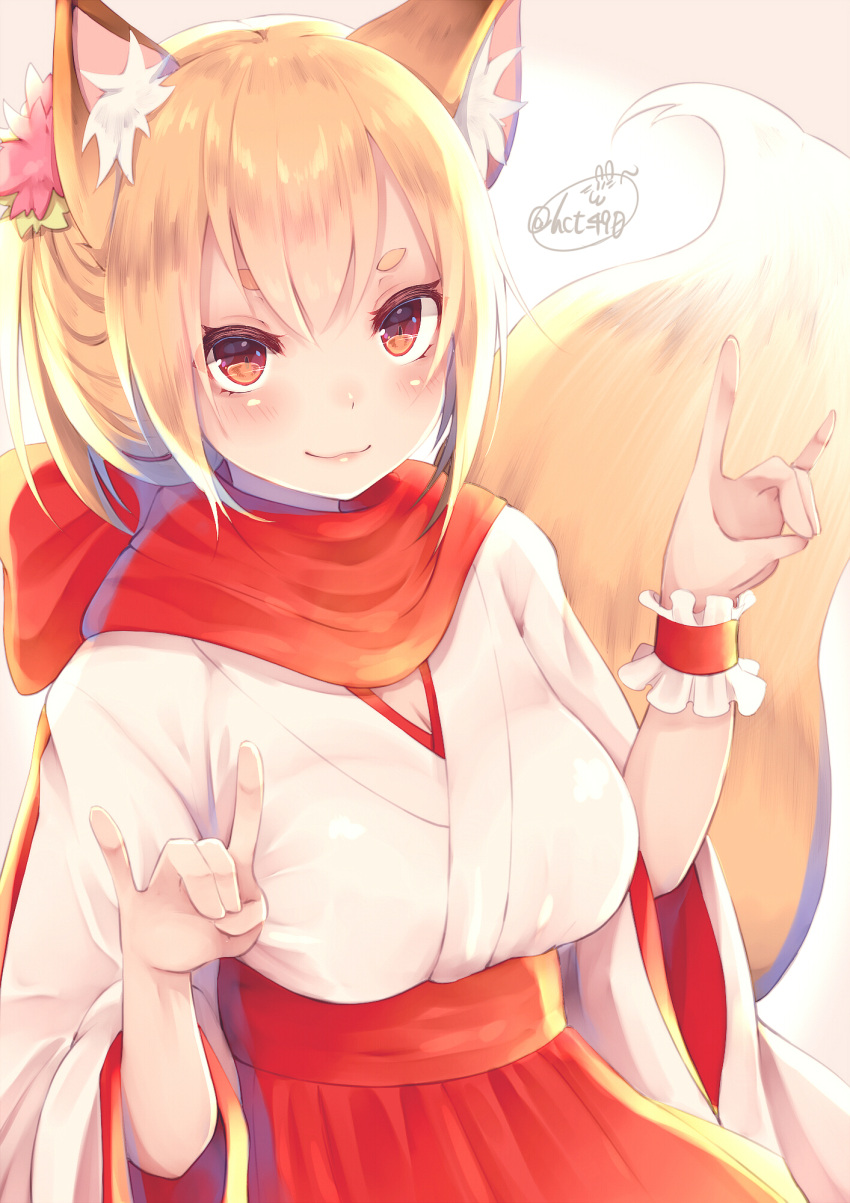 1girl :3 \m/ animal_ears artist_name blonde_hair blush breasts chita_(ketchup) cleavage closed_mouth double_\m/ fox_ears fox_girl fox_shadow_puppet fox_tail hakama hand_gesture highres japanese_clothes kimono long_sleeves looking_at_viewer medium_breasts miko original pink_lips red_eyes red_hakama red_scarf scarf short_hair simple_background smile solo tail tareme thick_eyebrows twitter_username underbust upper_body white_background white_kimono wide_sleeves wrist_cuffs