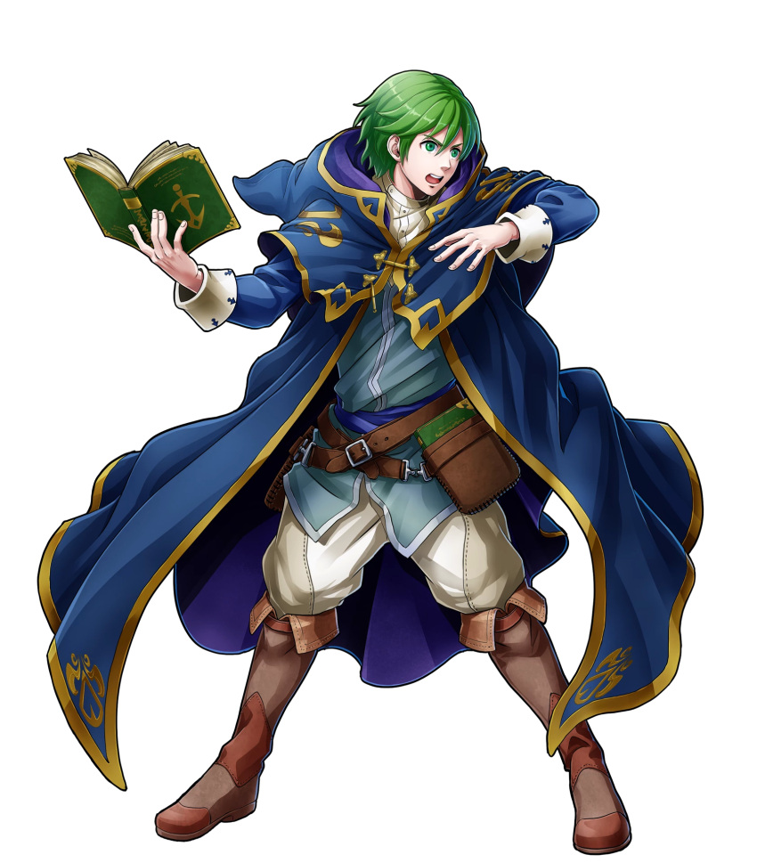 1boy belt book boots cape fire_emblem fire_emblem:_mystery_of_the_emblem fire_emblem_heroes full_body green_eyes green_hair highres hood male_focus marich official_art open_mouth solo teeth transparent_background