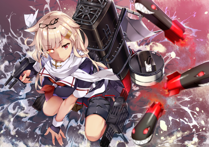 1girl black_ribbon black_serafuku black_skirt blonde_hair commentary_request from_above glowing glowing_eye hair_flaps hair_ornament hair_ribbon hairclip hidebuu kantai_collection kneeling long_hair looking_at_viewer looking_up machinery neckerchief pleated_skirt red_eyes remodel_(kantai_collection) ribbon scarf school_uniform serafuku skirt smile solo standing standing_on_liquid straight_hair torpedo turret water white_scarf yuudachi_(kantai_collection)