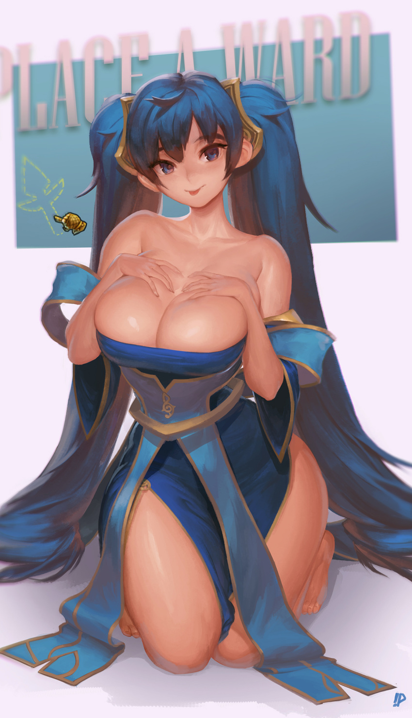 1girl :p bare_shoulders barefoot blue_eyes blue_hair breast_suppress breasts cleavage cursor curvy highres huge_breasts instant_ip kneeling league_of_legends long_hair looking_at_viewer low_neckline smile solo sona_buvelle thighs tongue tongue_out twintails very_long_hair wide_hips