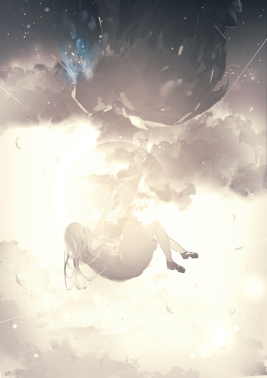 1girl absurdres blue_eyes clouds dress falling ghoul highres kumamoto_nomii-kun long_hair original outstretched_arm reaching_out solo white_hair