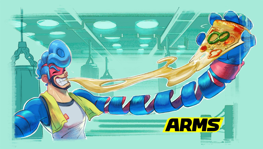 1boy aqua_background arms_(game) blue_hair cheese_trail closed_eyes domino_mask eating food highres ishikawa_masaaki long_arms mask nintendo official_art pizza pompadour punching_bag simple_background smile spring_man_(arms) tank_top upper_body wristband