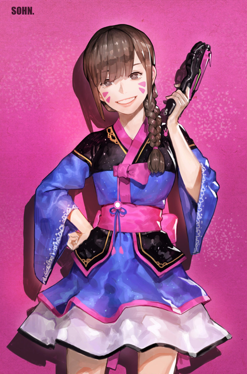 1girl :d absurdres alternate_costume alternate_hairstyle artist_name bangs braid brown_eyes brown_hair charm_(object) cowboy_shot d.va_(overwatch) dress eyebrows_visible_through_hair eyelashes finger_on_trigger grin gun hair_ornament hair_tie hanbok hand_on_hip hand_up handgun highres holding holding_gun holding_weapon korean_clothes lips long_hair long_sleeves looking_at_viewer open_mouth overwatch pink_lips sash sidelocks single_braid smile sohn_woohyoung solo traditional_clothes weapon whisker_markings wide_sleeves