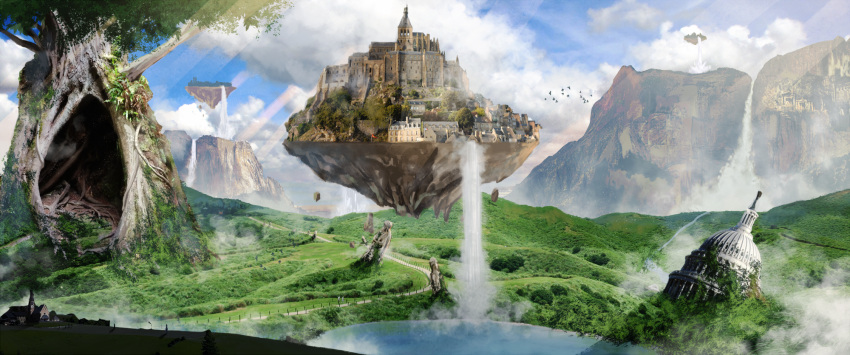 akky_(akimi1127) basin blue_sky castle clouds cloudy_sky day fantasy floating_island giant_tree grass highres light_rays no_humans original overgrown scenery sky sunbeam sunlight water waterfall