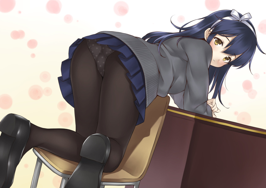 1girl all_fours black_hair black_shoes blue_skirt blush cardigan chair dutch_angle from_behind from_side gradient gradient_background hair_between_eyes hairband highres kantai_collection long_hair looking_at_viewer looking_back panties panties_under_pantyhose pantyhose parted_lips pleated_skirt polka_dot polka_dot_panties ren_san shoes skirt solo underwear ushio_(kantai_collection) yellow_eyes