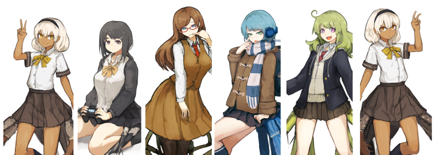 6+girls ahoge artist_name backpack bag blonde_hair blue_eyes blue_hair bow breasts brown_eyes brown_hair coat commentary_request controller dark_skin dualshock earmuffs finger_to_cheek finger_to_mouth game_controller gamepad glasses green_eyes green_hair grey_skirt hair_ornament hairband hairclip hand_on_leg headphones hood hood_down hoodie insect_girl jacket lansane large_breasts long_hair long_sleeves looking_at_viewer medium_breasts multiple_girls necktie open_mouth orange_eyes original pantyhose personification pleated_skirt scarf school_uniform serafuku shadow shirt shoes short_hair short_sleeves siblings skirt small_breasts smile socks spider spider_girl spider_legs sweater tongue tongue_out translation_request twins uniform v vest violet_eyes white_background white_hair white_shirt yellow_eyes