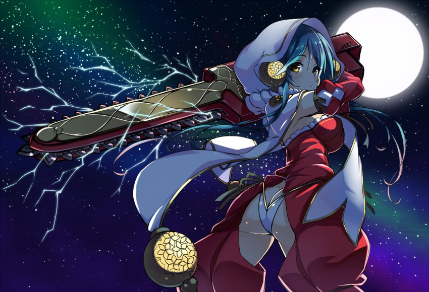 1girl :&lt; ass blue_hair chainsaw commentary_request crotchless_pants electricity flower_knight_girl from_behind full_moon gene_(gear_gene) hood looking_at_viewer looking_back moon over_shoulder panties shamusakuraran_(flower_knight_girl) sky solo star_(sky) starry_sky underwear weapon weapon_over_shoulder white_panties yellow_eyes