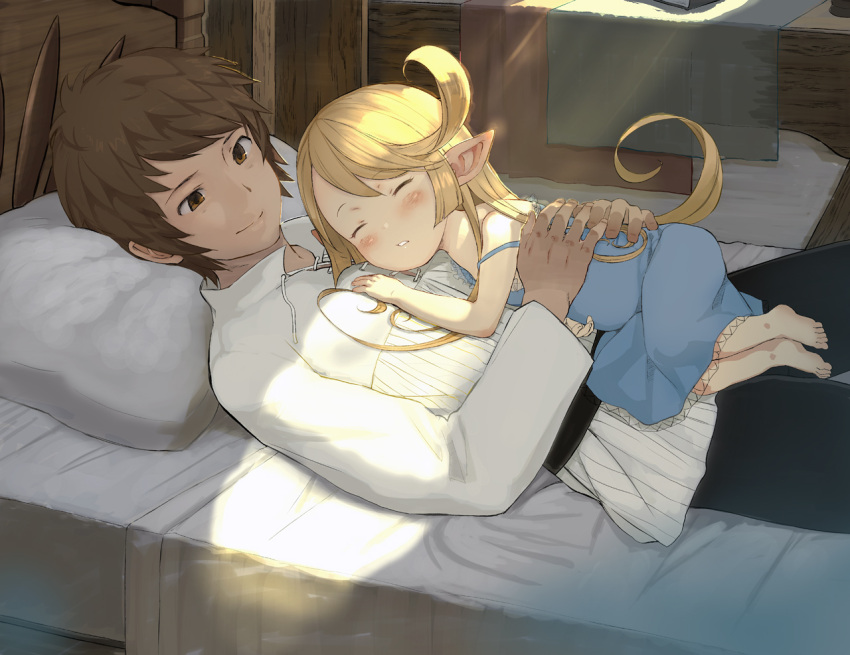 1boy 1girl bare_shoulders barefoot black_pants blue_dress blush brown_hair charlotta_(granblue_fantasy) closed_eyes closed_mouth dress eyebrows_visible_through_hair gran_(granblue_fantasy) granblue_fantasy hands_on_another's_back harbin long_hair looking_at_another lying on_back on_bed on_side pants parted_lips pointy_ears shirt short_hair size_difference sleeping smile spaghetti_strap strap_slip sundress sunlight very_long_hair walkalone white_shirt