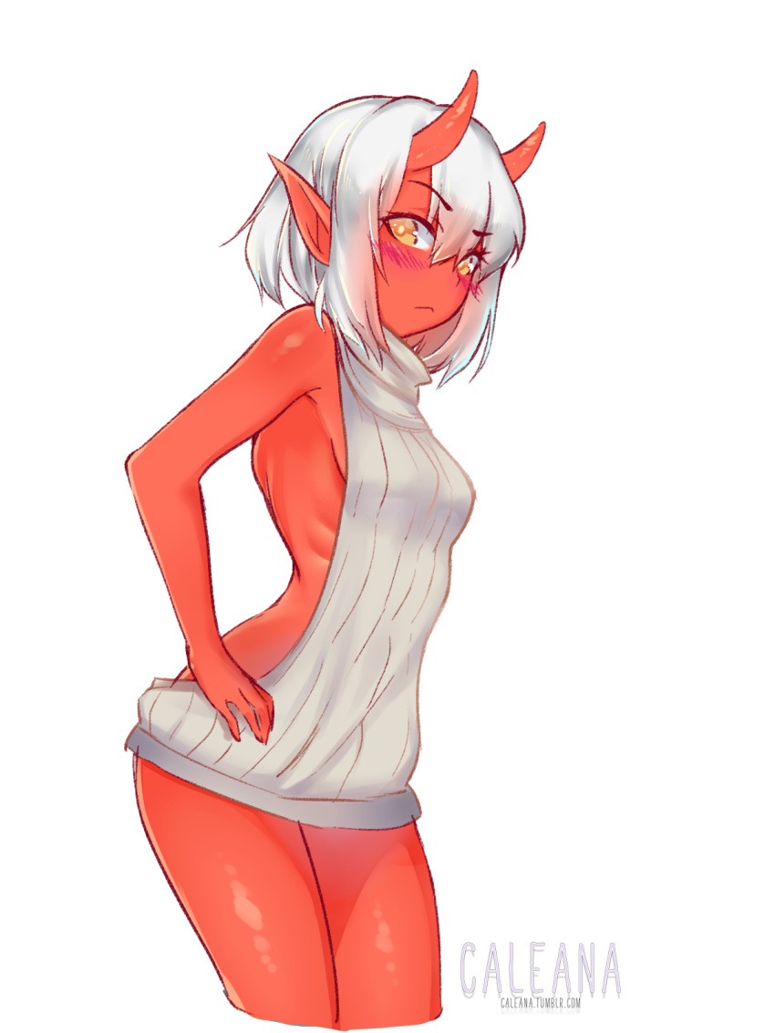 1girl :&lt; backless_outfit bare_shoulders blush breasts caleana cowboy_shot cropped_legs dress from_side hair_between_eyes hand_on_hip highres looking_at_viewer monster_girl naked_sweater oni oni_horns open-back_dress original pointy_ears red_oni red_skin ribbed_sweater short_hair silver_hair simple_background small_breasts solo sweater sweater_dress thighs turtleneck turtleneck_sweater virgin_killer_sweater watermark web_address white_background yellow_eyes