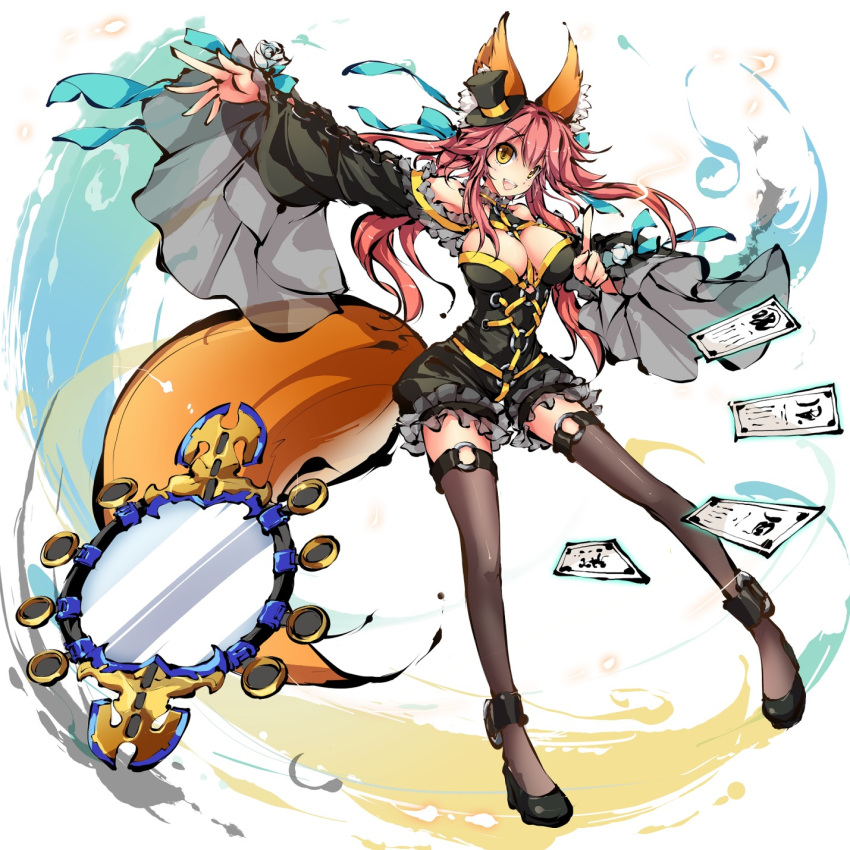 1girl animal_ears black_hat black_legwear breasts brown_eyes cleavage detached_sleeves fate/extra fate_(series) fox_ears fox_tail hat highres large_breasts long_hair looking_at_viewer mini_hat mini_top_hat mirror pink_hair redhead see-through solo tail tamamo_(fate)_(all) tamamo_no_mae_(fate) thigh-highs top_hat