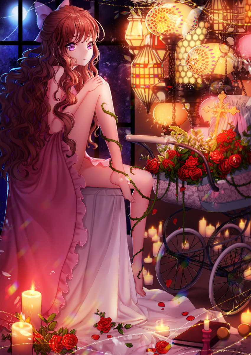 1girl ango bare_legs barefoot bow brown_hair candle curly_hair dress flower hair_bow highres lamp long_hair original rose solo thorns violet_eyes