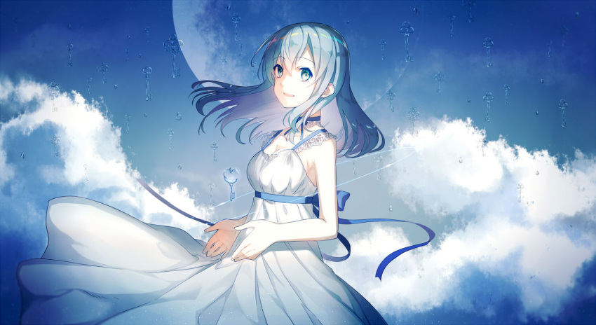 1girl alternate_hairstyle bangs blue_eyes blue_hair blue_sky breasts character_request cleavage clouds cloudy_sky collarbone dress dress_lift floating_hair full_moon fumio_(kanmi) hair_down hands_up key large_breasts long_hair looking_at_viewer moon outdoors parted_lips rain sky smile solo sundress teeth vocaloid white_dress wind wind_lift