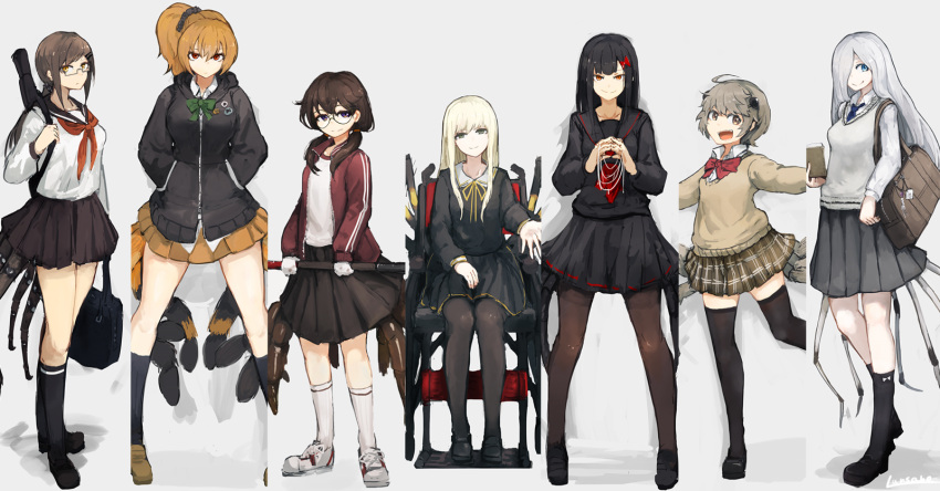 6+girls bag blonde_hair bow breasts brown_eyes brown_hair coat commentary_request frown glasses green_eyes gym_uniform hair_ornament hair_over_one_eye hair_scrunchie hairclip hands_in_pockets highres holding_strap insect_girl jacket lansane large_breasts long_hair long_sleeves looking_at_viewer low_ponytail low_twintails medium_breasts multiple_girls neckerchief necktie open_mouth original outstretched_arms pantyhose personification plaid plaid_skirt pleated_skirt ponytail school_bag school_uniform scrunchie serafuku shadow shoes short_hair sidelocks sitting skirt small_breasts smile sneakers socks spider spider_girl spider_legs spread_arms sweater thigh-highs tote_bag track_jacket translation_request twintails uniform wheelchair