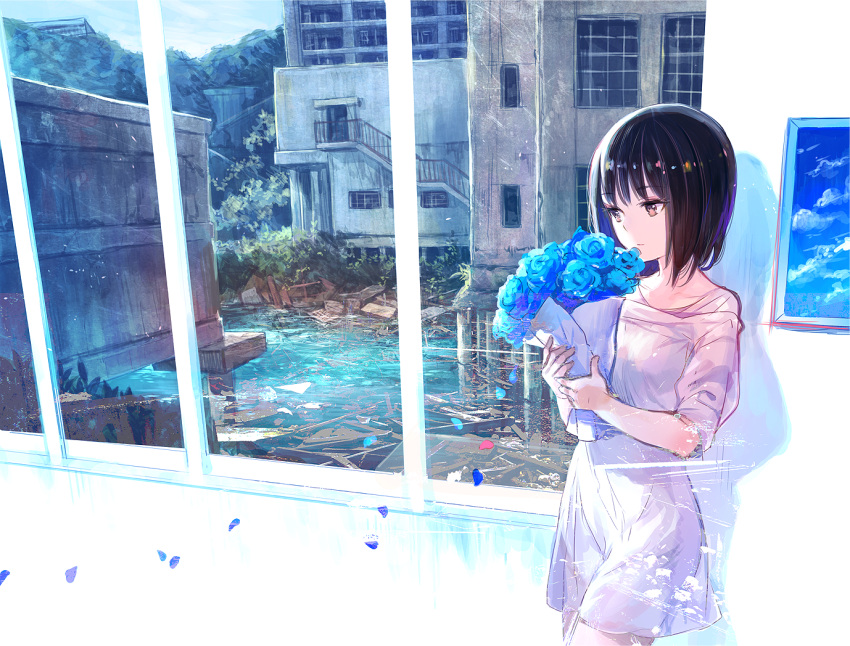 1girl abstract black_hair blue_flower blue_rose blue_sky bouquet brown_eyes building commentary_request day dress flower fuji_choko holding holding_bouquet looking_away mountain original overgrown petals rose rubble ruins scenery shiny shiny_hair short_dress short_hair sky solo standing surreal white_dress window