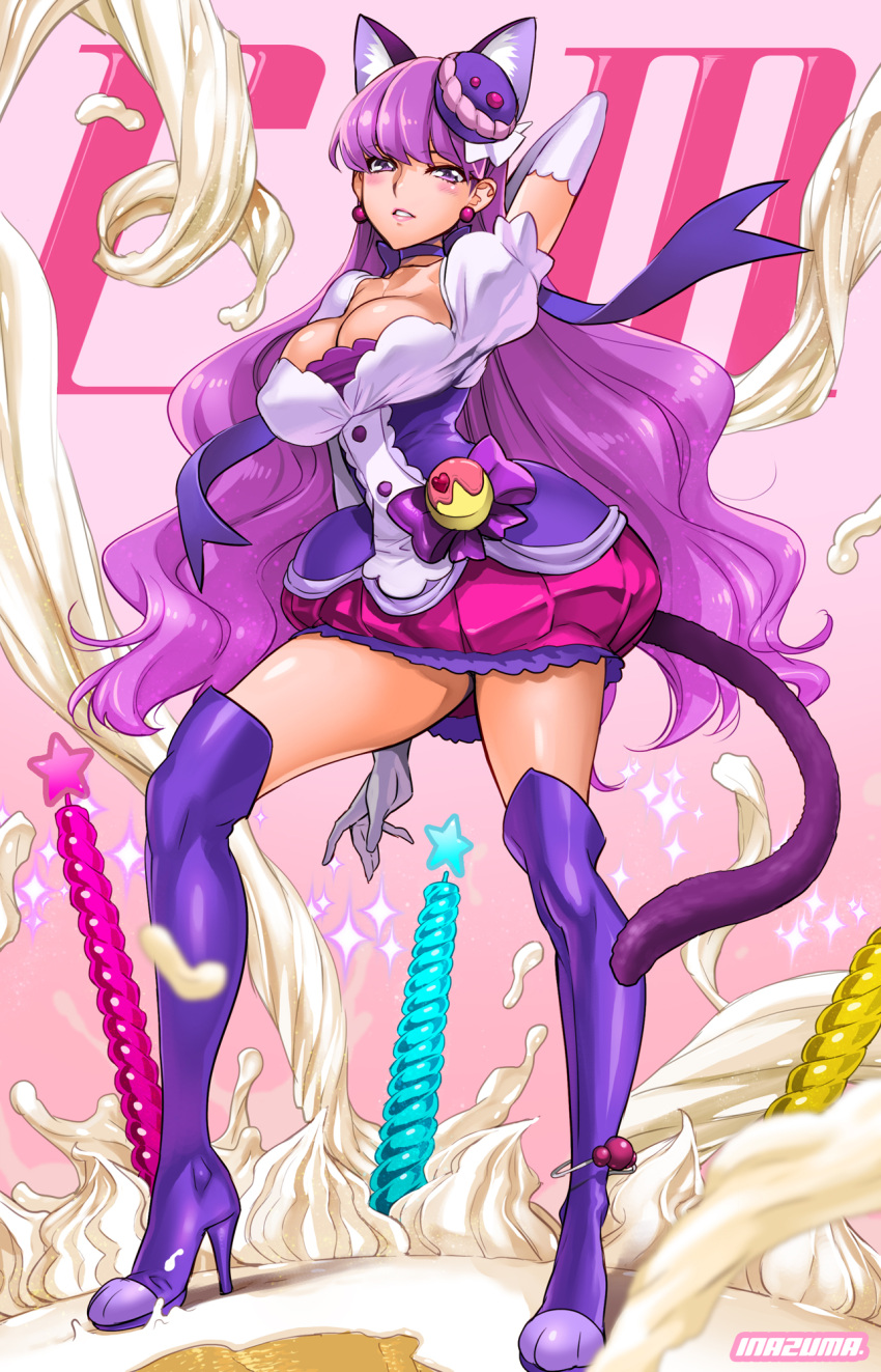 1girl alternate_breast_size animal_ears anklet blush boots breasts bubble_skirt cat_ears cat_tail choker cleavage cream cure_macaron dress earrings elbow_gloves extra_ears food_themed_hair_ornament full_body gloves hair_ornament high_heels highres jewelry kirakira_precure_a_la_mode kotozume_yukari large_breasts lips long_hair looking_at_viewer macaron_hair_ornament parted_lips precure purple_hair purple_legwear purple_skirt ribbon satou_shouji shiny shiny_hair shiny_skin skirt solo tail teeth thigh-highs thigh_boots violet_eyes wavy_hair white_gloves