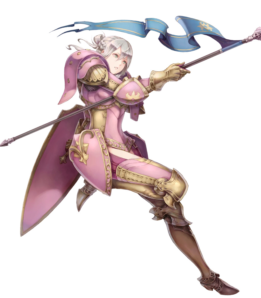 1girl armor armored_boots boots breastplate elfie_(fire_emblem_if) fire_emblem fire_emblem_heroes fire_emblem_if full_body green_eyes grey_hair hair_bun highres official_art polearm solo spear teeth transparent_background weapon