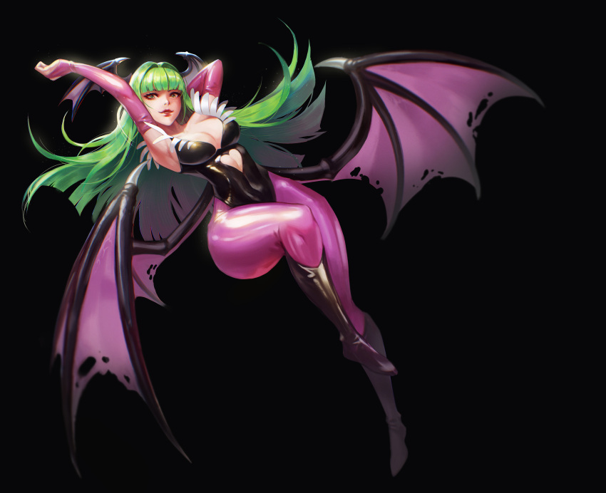 1girl absurdres armpits arms_up bangs bare_shoulders bat_wings black_boots black_leotard blunt_bangs boots breasts bridal_gauntlets cleavage collarbone covered_navel demon_girl eyelashes eyeliner fang full_body gloves green_eyes green_hair head_wings highleg highleg_leotard highres knee_boots large_breasts leg_up leotard lipstick long_hair looking_at_viewer low_wings makeup morrigan_aensland nose pantyhose pink_gloves purple_legwear qsun red_lips red_lipstick simple_background smile solo spikes standing standing_on_one_leg strapless strapless_leotard succubus vampire_(game) wings