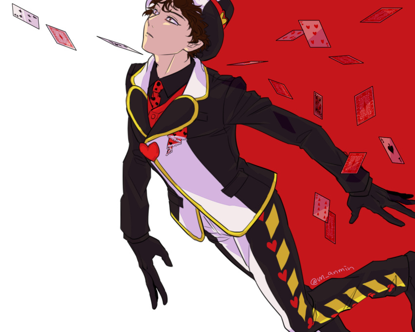 1boy ace_of_spades anmin black_gloves card disney disneyland gloves hat heart jack_heart looking_up male_focus necktie parted_lips playing_card polka_dot recruiters_(disney) red_eyes solo twitter_username two-tone_background