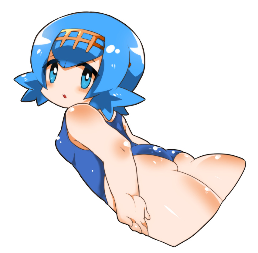 1girl :o ass back bare_shoulders blue_eyes blue_hair blush breasts flat_ass hairband highres looking_at_viewer looking_back one-piece_swimsuit open_mouth pokemon pokemon_(game) pokemon_sm school_swimsuit simple_background sleeveless small_breasts solo suiren_(pokemon) swimsuit thighs trial_captain white_background