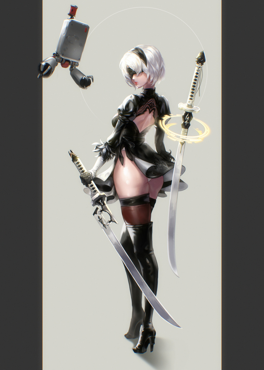 1girl absurdres ass back_opening black_boots black_dress black_gloves black_hairband black_legwear boots breasts brown_legwear cleavage_cutout dress drone floating from_behind full_body gloves hairband high_heel_boots high_heels highleg highleg_leotard highres holding holding_sword holding_weapon juliet_sleeves leotard lips lipstick long_sleeves looking_at_viewer looking_back machinery makeup medium_breasts mole mole_under_mouth nier_(series) nier_automata nose open-back_dress pink_lips pink_lipstick pod_(nier_automata) puffy_sleeves qsun ribbed_dress robot short_dress short_hair shoulder_blades silver_hair solo standing sword tassel thigh-highs thigh_boots turtleneck twisted_neck vambraces weapon weapon_on_back white_leotard yorha_no._2_type_b