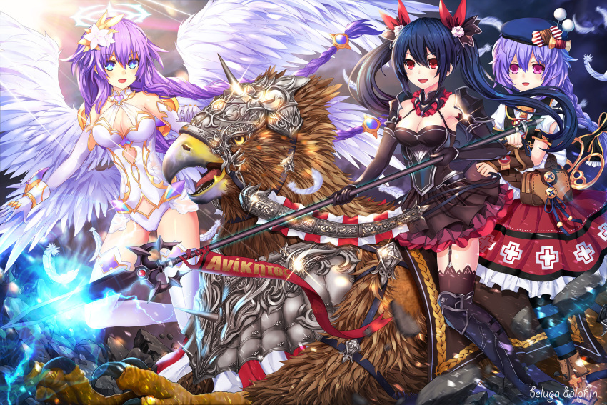 3girls beluga_dolphin black_hair blue_eyes blush braid breasts choujigen_game_neptune fantasy four_goddesses_online:_cyber_dimension_neptune griffin hair_ornament hat highres long_hair multiple_girls neptune_(choujigen_game_neptune) neptune_(series) noire open_mouth polearm purple_hair purple_heart pururut red_eyes riding smile spear symbol-shaped_pupils twin_braids twintails very_long_hair weapon wings