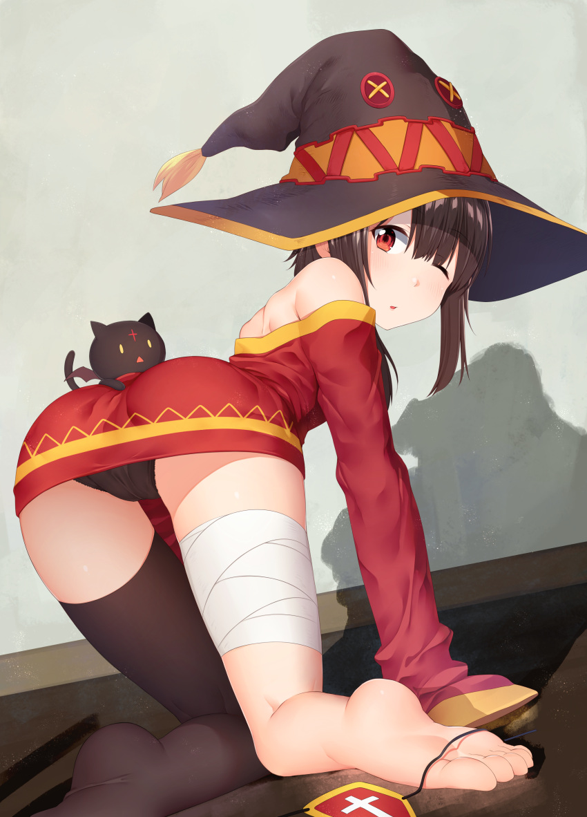 1girl absurdres air akky_(akimi1127) all_fours ass bandage barefoot black_legwear black_panties blush brown_hair cape cat chomusuke eyepatch eyepatch_removed feet hat highres knees_together_feet_apart kono_subarashii_sekai_ni_shukufuku_wo! looking_at_viewer looking_back megumin no_shoes one_eye_closed panties pantyshot red_eyes short_hair single_thighhigh sleeves_past_wrists soles solo thigh-highs toes underwear witch_hat