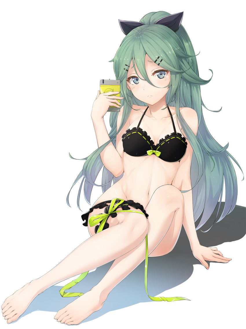 1girl arm_support bare_arms bare_legs bare_shoulders barefoot bikini black_bikini black_ribbon blue_eyes blush breasts cleavage collarbone cosplay frown full_body garters gatchaman_crowds green_hair hair_between_eyes hair_ornament hair_ribbon hairclip hand_up highres holding kantai_collection lace leg_garter long_hair looking_at_viewer navel ponytail ribbon simple_background sitting solo swimsuit urigarasu utsutsu utsutsu_(cosplay) yamakaze_(kantai_collection)