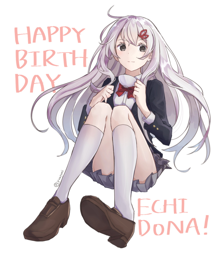 1girl bangs blazer bow character_name closed_mouth collared_shirt cup echidna_(re:zero) eyebrows_visible_through_hair grey_eyes hair_between_eyes hair_ornament hairclip hands_up happy_birthday highres holding holding_cup jacket kneehighs light_smile loafers long_hair looking_at_viewer re:zero_kara_hajimeru_isekai_seikatsu red_bow school_uniform shirt shoes silver_hair simple_background solo teacup thighs twitter_username white_background white_legwear white_shirt yuzouni