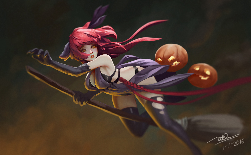 1girl bare_shoulders bent_over black_bra black_dress black_gloves black_legwear blank_stare bra breasts breasts_apart broom broom_riding dao_trong_le dress elbow_gloves facing_viewer floating_hair flying foreshortening from_side gloves glowing halloween hands highres jack-o'-lantern large_breasts long_hair no_pupils open-back_dress original outstretched_arm pumpkin reaching redhead revealing_clothes solo thigh-highs torn_clothes torn_thighhighs underwear witch yellow_eyes