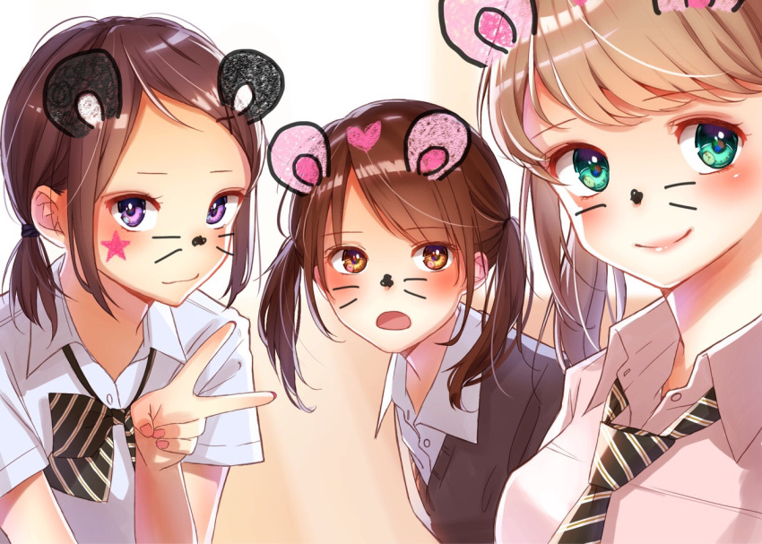 3girls animal_ears black_necktie blonde_hair blush brown_eyes brown_hair buttons closed_mouth collared_shirt commentary_request dress_shirt eyebrows_visible_through_hair fingernails green_eyes hami_yura looking_at_viewer mouse_ears multiple_girls nail_polish necktie open_mouth original pink_nails school_uniform shiny shiny_hair shirt short_twintails smile striped striped_necktie tied_hair twintails twintails_day upper_body violet_eyes whisker_markings wing_collar