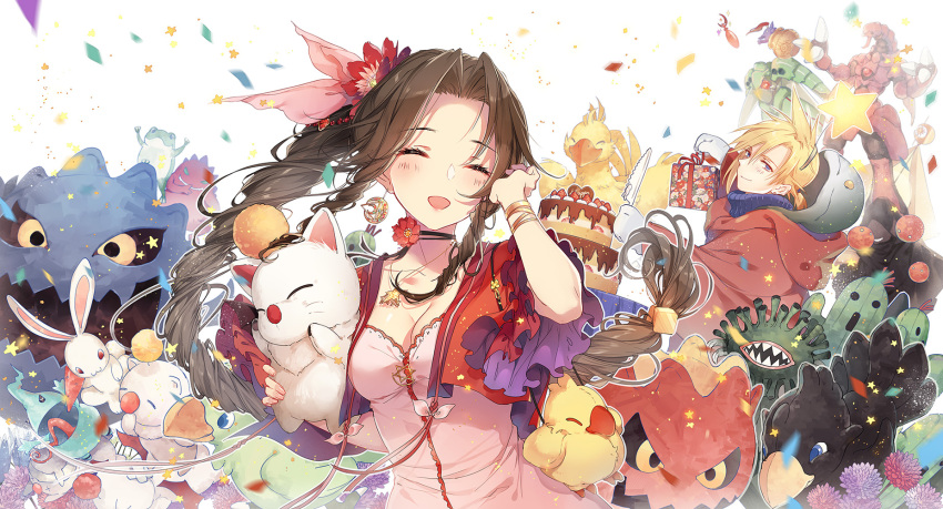 1boy 1girl :d ^_^ aerith_gainsborough birthday_cake blush bomb_(final_fantasy) breasts brown_hair cake chocobo choker cleavage cloak closed_eyes cloud_strife cosplay cropped_jacket dress final_fantasy final_fantasy_vii food gift hair_intakes happy_birthday highres jacket kieta long_hair malboro medium_breasts moogle open_clothes open_jacket open_mouth pink_dress sabotender smile tonberry tonberry_(cosplay) twintails upper_body