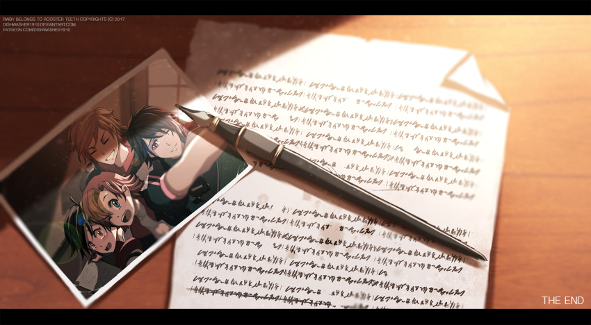 2boys 2girls artist_name commentary copyright_name dishwasher1910 fountain_pen highres jaune_arc letter lie_ren multiple_boys multiple_girls nora_valkyrie patreon pen photo roosterteeth ruby_rose rwby the_end_(phrase)