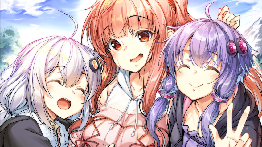 3girls :d ^_^ ahoge ajishio bangs bare_shoulders black_jacket blunt_bangs blush breasts closed_eyes collarbone commentary_request day drawstring eyebrows_visible_through_hair facing_viewer frills fur_trim hair_ornament highres jacket kizuna_akari kotonoha_akane large_breasts long_hair looking_at_viewer multiple_girls open_clothes open_jacket open_mouth outdoors ponytail purple_hair red_eyes red_ribbon redhead ribbon short_hair_with_long_locks sidelocks silver_hair smile sweat upper_body vocaloid voiceroid w yuzuki_yukari