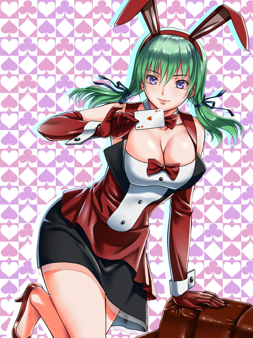 1girl animal_ears arm_support bangs black_skirt blue_ribbon bow bowtie breasts bunny_girl card character_request cleavage closed_mouth detached_collar dress elbow_gloves fake_animal_ears gang_of_heaven gloves green_hair hair_ribbon high_heels highres large_breasts leaning_forward looking_at_viewer low_twintails playing_card rabbit_ears red_bow red_bowtie red_dress red_gloves ribbon short_dress skirt smile solo suuitchi twintails violet_eyes wrist_cuffs