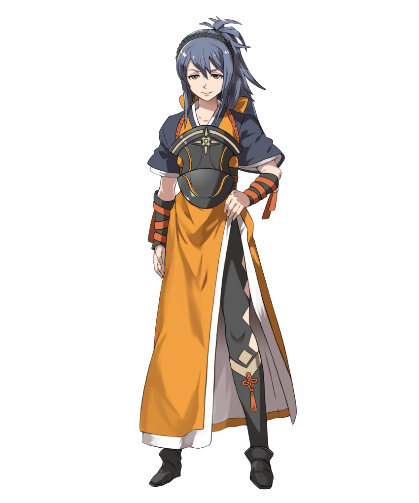 1girl blue_hair boots brown_eyes fire_emblem fire_emblem_heroes fire_emblem_if full_body hairband highres japanese_clothes long_hair oboro_(fire_emblem_if) official_art ponytail solo transparent_background ueda_yumehito