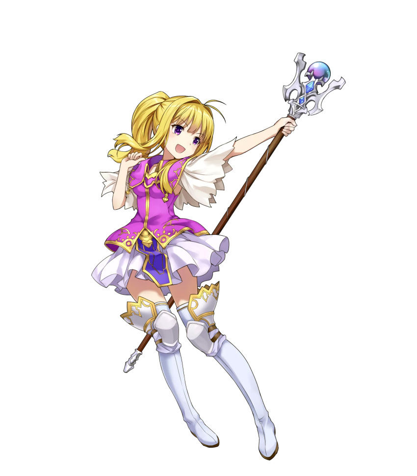1girl amagai_tarou blonde_hair boots clarine eyebrows_visible_through_hair fire_emblem fire_emblem:_fuuin_no_tsurugi fire_emblem_heroes full_body highres holding long_hair looking_at_viewer miniskirt open_mouth pleated_skirt ponytail skirt smile solo staff thigh-highs thigh_boots violet_eyes zettai_ryouiki