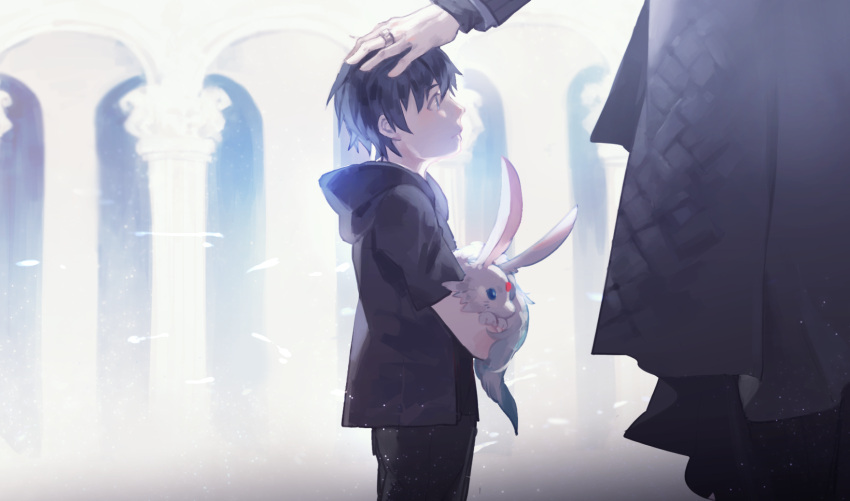 2boys arch bayinxie black_hair black_pants carbuncle_(final_fantasy) child column father_and_son final_fantasy final_fantasy_xv hand_on_another's_head head_out_of_frame highres jewelry male_focus multiple_boys noctis_lucis_caelum pants petting pillar regis_lucis_caelum ring standing younger