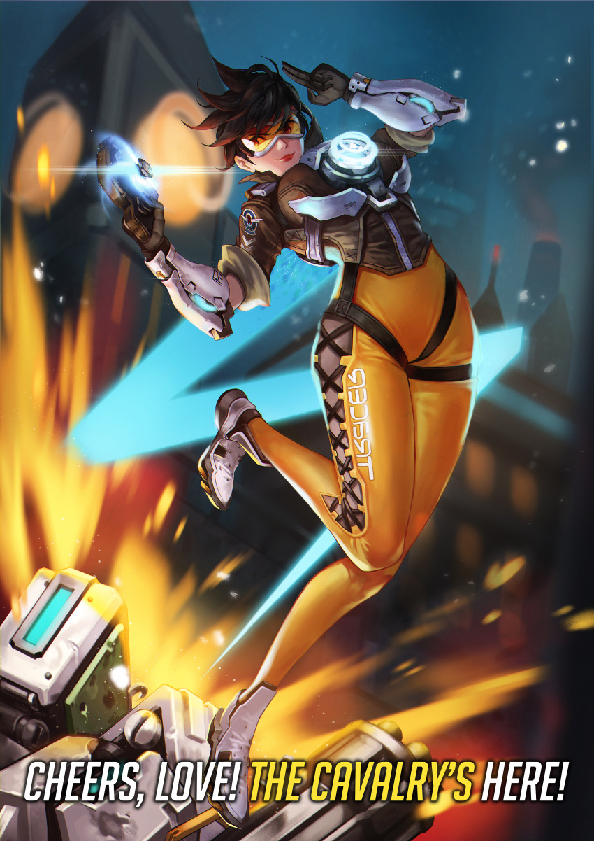 1girl absurdres bangs bastion_(overwatch) bodysuit bomber_jacket breasts brown_eyes brown_gloves brown_hair brown_jacket building clock clock_tower closed_mouth clothes_writing cross-laced_clothes cross-laced_legwear english explosion fur_trim gatling_gun gloves goggles gun handgun hands_up harness highres holding holding_gun holding_weapon jacket leather leather_jacket leg_up mecha medium_breasts midair military_rank_insignia minigun night night_sky nose one_leg_raised orange_bodysuit overwatch pink_lips qsun robot salute shards shoes short_hair short_sleeves sky skyscraper sleeves_rolled_up smile solo spiky_hair strap swept_bangs thigh_strap tower tracer_(overwatch) two-finger_salute vambraces weapon white_shoes yellow_bodysuit