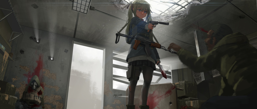 1girl 2boys absurdres after_battle aiming ak-74 assault_rifle blonde_hair blood blood_on_wall blood_splatter bloody_knife bloody_weapon blue_eyes bullet_hole death execution gas_mask gun hair_ribbon handgun hettsuaa highres holster injury jacket kill_me_baby load_bearing_vest long_image looking_down makarov_pm multiple_boys ribbon rifle school_uniform sling sonya_(kill_me_baby) suppressor thigh-highs thigh_holster torn_clothes torn_thighhighs twintails weapon