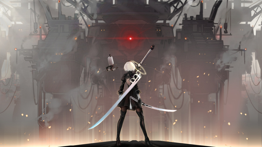 1girl back_opening black_boots black_dress black_gloves black_hairband black_legwear boots brown_legwear dress drone floating from_behind full_body gloves glowing glowing_eyes hairband highres holding holding_sword holding_weapon huge_weapon juliet_sleeves legs_apart long_sleeves machinery nier_(series) nier_automata open-back_dress pod_(nier_automata) puffy_sleeves red_eyes ribbed_dress robot sein_(tgf19911119) short_dress short_hair silver_hair solo standing sword thigh-highs thigh_boots turtleneck vambraces weapon weapon_on_back yorha_no._2_type_b