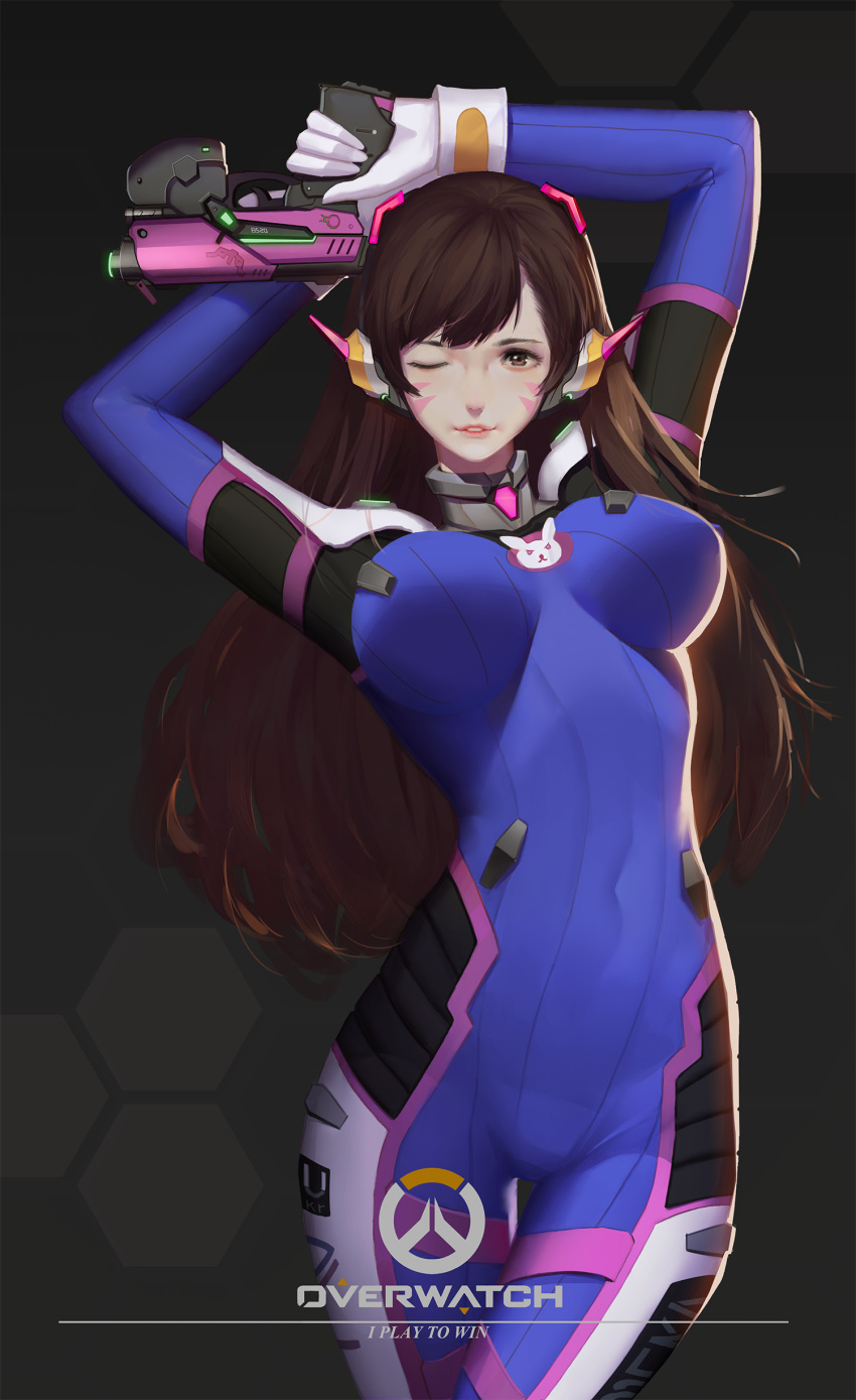 1girl absurdres animal_print arched_back arms_behind_head backlighting bangs blue_bodysuit bodysuit bracer breasts brown_eyes brown_hair bunny_print copyright_name covered_navel d.va_(overwatch) english facepaint facial_mark gloves gun handgun headphones high_collar highres holding holding_gun holding_weapon large_breasts long_hair looking_at_viewer one_eye_closed overwatch parted_lips pilot_suit pink_lips pistol ribbed_bodysuit sannye shoulder_pads skin_tight smile solo swept_bangs thigh_gap weapon whisker_markings white_gloves
