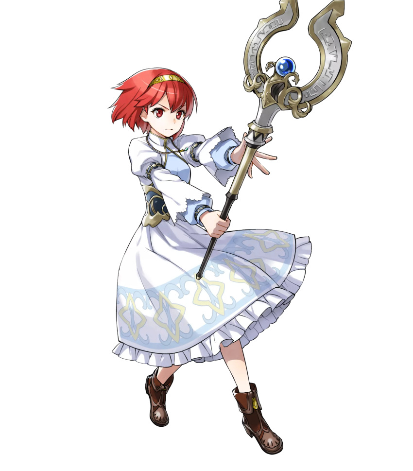 1girl boots fire_emblem fire_emblem:_mystery_of_the_emblem fire_emblem_heroes full_body hairband highres jewelry kaya8 maria_(fire_emblem) necklace official_art red_eyes redhead solo staff transparent_background