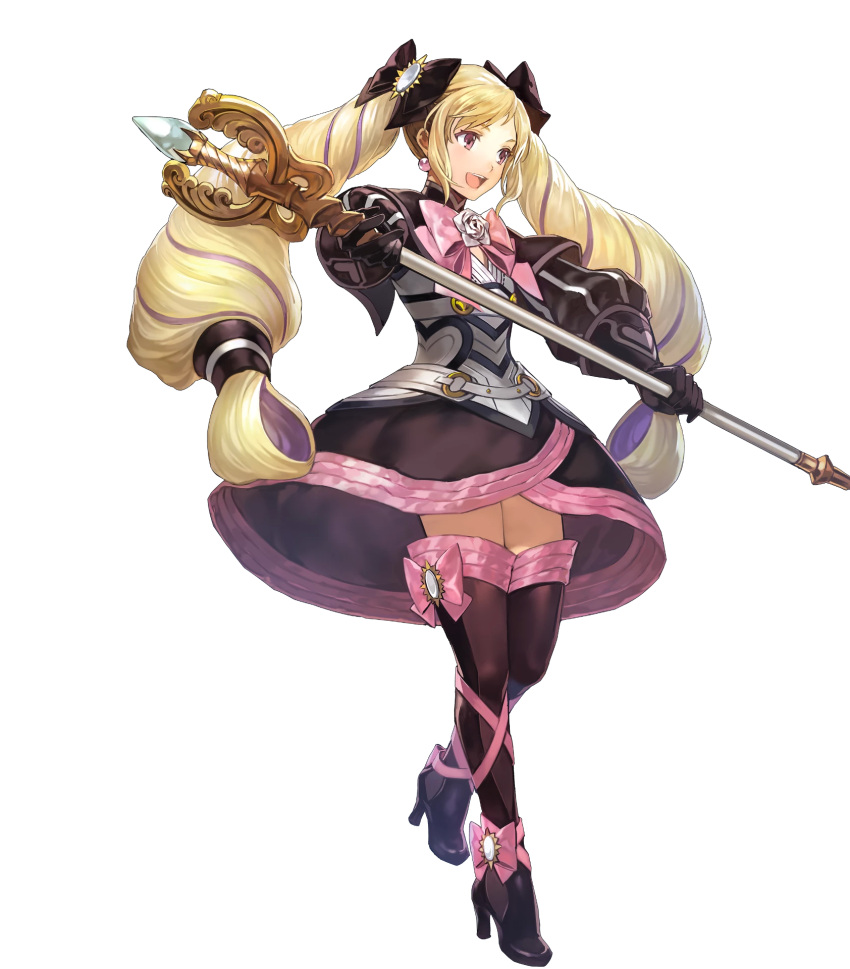 1girl blonde_hair boots dress earrings elise_(fire_emblem_if) fire_emblem fire_emblem_heroes fire_emblem_if full_body hair_ribbon highres holding jewelry long_hair official_art open_mouth ribbon smile solo staff thigh-highs thigh_boots transparent_background twintails violet_eyes zettai_ryouiki