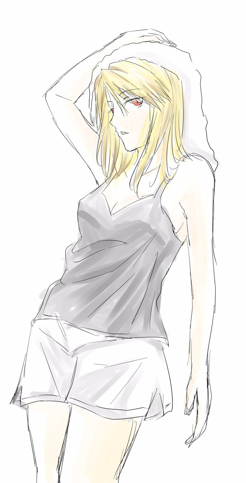 1girl absurdres alternate_hairstyle bangs black_shirt blonde_hair brown_eyes cowboy_shot erable fullmetal_alchemist grey_legwear highres riza_hawkeye shirt shorts simple_background solo swept_bangs tank_top towel towel_on_head white_background