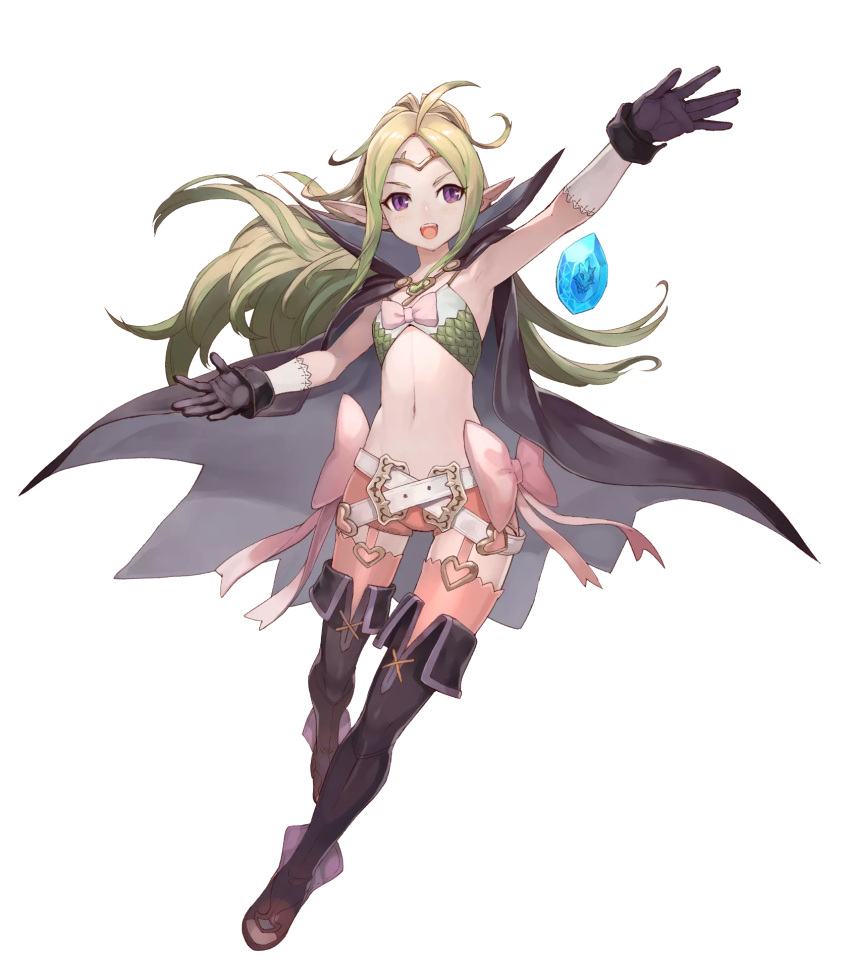 1girl belt cape fire_emblem fire_emblem:_kakusei fire_emblem_heroes full_body gloves green_hair highres jewelry lack midriff navel nowi_(fire_emblem) official_art open_mouth pink_legwear pointy_ears ponytail shorts simple_background smile solo thigh-highs tiara violet_eyes white_background