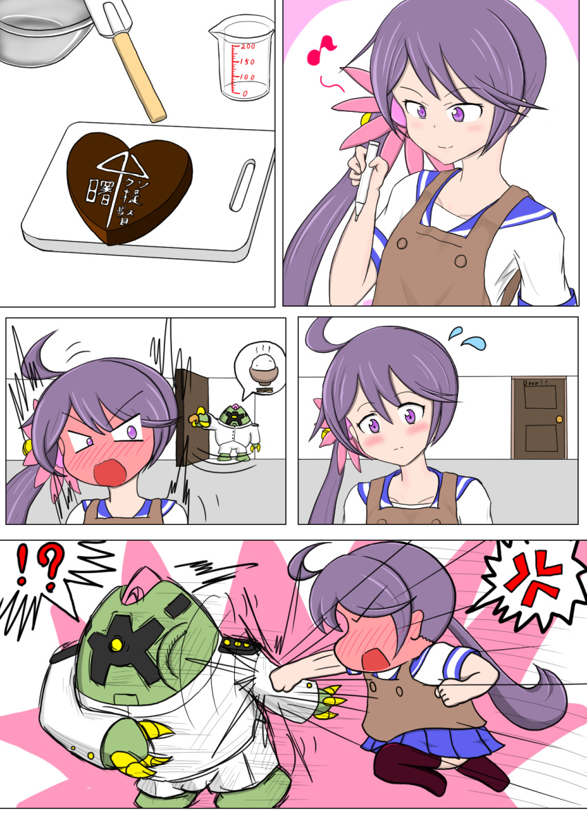 !? 1girl ahoge ai_ai_gasa akebono_(kantai_collection) anger_vein apron artist_request bell blush comic commentary_request embarrassed flower flying_sweatdrops full-face_blush gundam hair_bell hair_flower hair_ornament highres jingle_bell kantai_collection long_hair mecha military military_uniform mobile_suit_gundam musical_note non-human_admiral_(kantai_collection) open_mouth purple_hair school_uniform serafuku side_ponytail silent_comic translation_request uniform zock