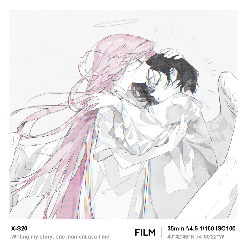 2girls absurdres alien_stage angel_wings black_hair chenyuyu chinese_commentary closed_eyes commentary_request coordinates dress english_text grey_background halo hand_on_another's_head highres kiss kissing_forehead long_hair long_sleeves mizi_(alien_stage) multiple_girls pink_hair short_hair short_sleeves sua_(alien_stage) very_long_hair white_dress white_wings wings