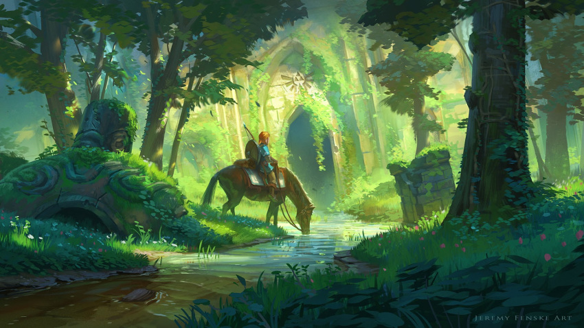 1boy blonde_hair bow_(weapon) drinking highres horse jeremy_fenske link nature plant ponytail riding ruins scenery shield solo the_legend_of_zelda the_legend_of_zelda:_breath_of_the_wild tree vines weapon