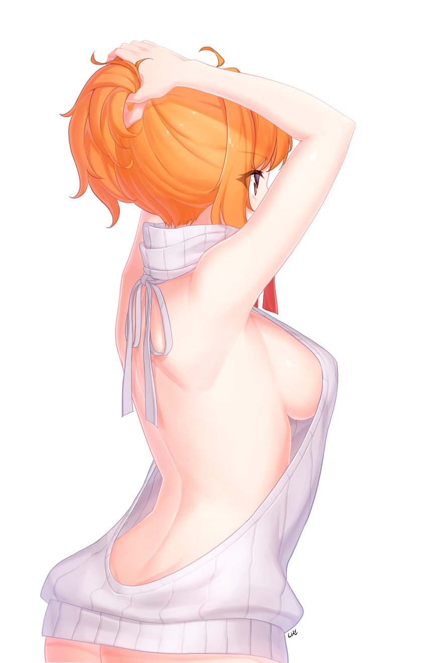 1girl ahoge arms_up artist_name back backless_outfit bare_arms bare_back bare_shoulders breasts brown_eyes bunching_hair butt_crack covered_mouth cowboy_shot dress eyebrows_visible_through_hair eyelashes from_behind halterneck highres long_hair medium_breasts naked_sweater narynn open-back_dress orange_hair original ponytail profile ribbed_sweater shiny shiny_hair shiny_skin sideboob sidelocks simple_background solo sweater sweater_dress turtleneck turtleneck_sweater virgin_killer_sweater white_background white_sweater