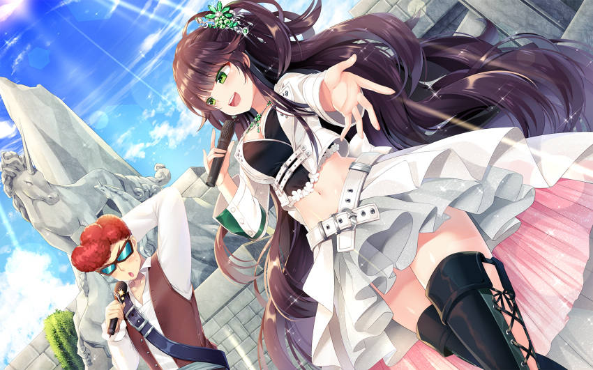 &gt;:o 1boy 1girl :d :o belt black_hair blush boots breasts cleavage collared_shirt cropped_jacket day dutch_angle flower green_eyes hair_flower hair_ornament hexagon highres hips holding holding_microphone jewelry large_breasts lens_flare light_rays long_hair long_sleeves mabinogi microphone midriff mvv navel necklace open_clothes open_mouth open_vest outdoors outstretched_arm pompadour redhead shirt skirt smile statue sunbeam sunglasses sunlight teeth thigh-highs thigh_boots thighs unicorn very_long_hair vest white_skirt wing_collar